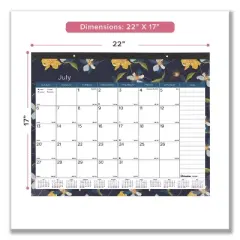 Academic 18-Month Desk Pad Calendar, Floral Artwork, 22 x 17, White/Multicolor Sheets, Black Headband, July 2025 to Dec 2026