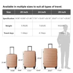 MAYEERTY 3pcs Luggage Sets ABS Hardshell Lightweight Durable Suitcase Sets Spinner Wheels Suitcase with TSA Lock 20''24''28''?Available(Brown)
