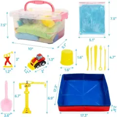 43PCS Sand Play Set w/ 6 Construction Trucks & Castle Molds - Foldable Bin, Tools, Signs for Boys & Girls - All-in-One Sandbox Kit