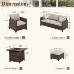 Captiva Designs 6pc Outdoor Patio Wicker Rattan Fire Pit Set with Cushioned Ottomans and Single Sofas