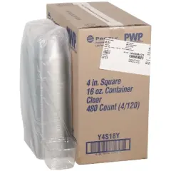 PET Square Container, 16 oz, 4 x 4 x 3, Clear, Plastic, 480/Carton
