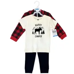 Hudson Baby Infant and Toddler Boy Cotton Hoodie, Bodysuit or Tee Top and Pant Set, Plaid Moose Toddler