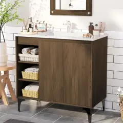 HYLEORY 36" Bathroom Vanity with Basin, Bathroom Storage Cabinet with Two Doors and open shelf, Solid Frame