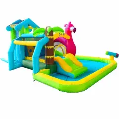 Pogo Bounce House Backyard Kids Home Water Park Inflatable Water Slide Flamingo with Splash Pool