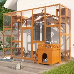 118" Outdoor Cat Enclosure with Shelves and Ramps, Large Cat Patio Playground with Roof, Cat Cage with FREE House-The Pop Home