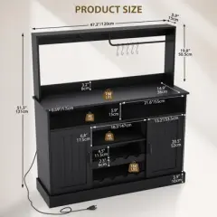 TROPOW 47"Farmhouse Coffee Bar Cabinet with 5 Hooks, Buffet Cabinet with Power Outlets, Goblet Holder, Sideboard Cabinet with Wine Rack Hutch Cabinet
