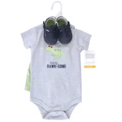 Hudson Baby Infant Boy Cotton Bodysuit, Shorts and Shoe 3pc Set, Rawr-Some Dino