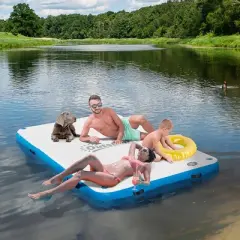 Outsunny 8' x 5' Water Inflatable Floating Dock, Rafting Platform Island, Large Mat  with Air Pump & Backpack, for Pool, Beach, Ocean, Blue