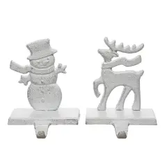 Transpac Cast Iron Snowman and Reindeer Stocking Hanger Set of 2 for Christmas Home Decorations and Stocking Holders