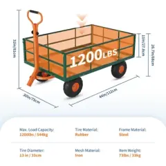 Steel Garden Cart with 10" Wheels, Wagon Cart, Removable Sides, 180&deg; Handle for Lawn, Farm, Outdoor