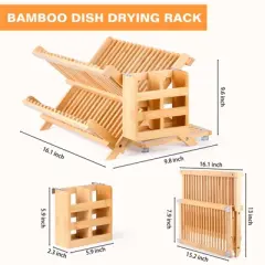 KTMBDW Bamboo Dish Drying Rack, 3 Tier Collapsible Dish Rack with Utensil Holder, Wooden Dish Drying Rack for Kitchen Counter, Dish Drainer, Natural