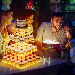 Hachikiko 4 Tier Acrylic Cupcake Stand with Yellow LED Light,Premium Dessert Tower Display for Birthdays, Weddings, Parties