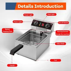 Acekool 10.6QT/10L 3000W Electric Deep Fryer, Single Tank with Basket & Lid, Adjustable Temp & Timer, Stainless Steel for Kitchen