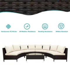 5-Piece Outdoor Rattan Half-Moon Sectional Sofa Set with Tempered Glass Coffee Table