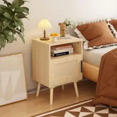 KWPZQEB Rattan Nightstand, Boho Side Table with Drawer & Open Shelf, Cane Accent Bedside End Table with Legs for Bedroom and Small Spaces, Natural