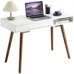 Acekool 42" Mid-Century Modern Computer Desk with Drawer and Open Storage Cubby, Home Office Desk for Gaming, Study, Writing, White