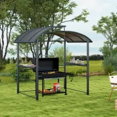 Outsunny 8x5ft Grill Gazebo Shelter with Interlaced Vented Polycarbonate Roof, Outdoor BBQ Gazebo with Side Shelves for Hanging Tools