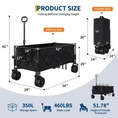 Wagon Cart Foldable with 460lbs Weight Capacity, Heavy Duty 360L Folding Utility Garden Cart for Beach, Camping, Outdoor