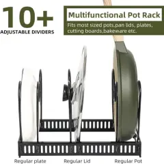 SEVOBAL Pot Rack Expandable Pan Organizer Lid Holder 10 Adjustable Compartment Kitchen Cabinet Cookware Baking Frying Rack, Black, 12.29"*8.19"*2.73"
