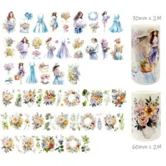 Wrapables Aesthetic Floral Fashion PET Washi Tapes for Scrapbooking, Stationery, Journaling, Diary, Card Making (Set of 2), Blue and Lavender