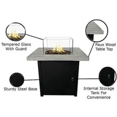 Fibre Reinforced Concrete Outdoor Propane Fire Pit Table with Glass Shield and Cover