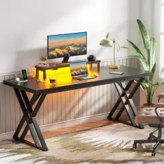 Dolonm Thick Gaming Desk with LED Lights, USB Charging, Monitor Riser & Waterproof Top for Home Office