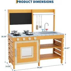 Outdoor Wooden Mud Kitchen w/ Cookware, Removable Sink/Faucet & Chalkboard - Storage Shelves, Stove Toddler Playset Ages 3+