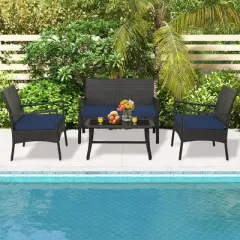 Tangkula 4 Pieces Outdoor Patio PE Wicker Sofa w/ Tempered Glass Coffee Table for Porch & Backyard