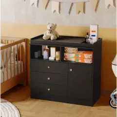 Baby Dresser with Changing Table Top, Wooden Diaper Changing Station with 3 Drawers, Cabinet & 2 Open Compartments for Nursery, Bedroom