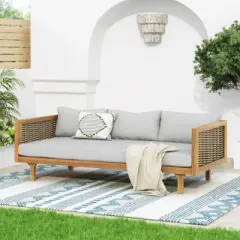 DSVIMOY Daybed, 3 Seater Daybed Conversation Set with Rattan Arms, Grey, 67.5"*32"*24.25"