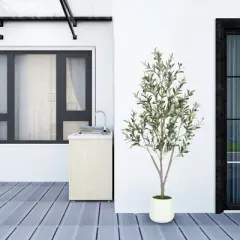 5FT 6FT 7FT Artificial Olive Tree Faux Olive Plant Realistic Leaves Silk Tree with White Pot for Home Office Decor, Interior Outdoor Decoration