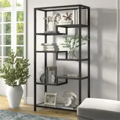 68" 5-Tier Black Metal Book Case with Glass Top Shelves - Henn&Hart