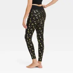 Women's Foil Print Reindeer Seamless Fleece Lined Leggings - Wondershop&trade; Black/Gold