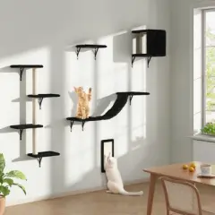 Sandinrayli Cat Wall Shelves - Wall-Mounted Set of 5, Floating Perches & Hanging Beds, Modern Furniture for Large Cats/Kitties (Black)
