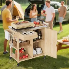 TROPOW Solid Wood Outdoor Grill Cart &uml;C Stainless Steel Top with Spice Rack & Wheels for Patio/Garden (Natural Wood Color)