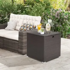 Tangkula 72 Gallon Deck Box Outdoor Mix Brown Wicker Storage Box with Waterproof Zippered Liner and Safe Pneumatic Rod