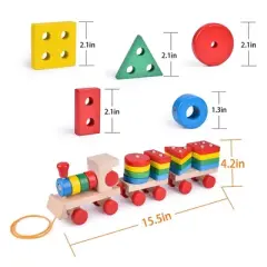 Fun Little Toys 25 Pcs 15.5-Inch Wooden Train, Shape Sorter & Stacking Puzzle Toys for Toddlers