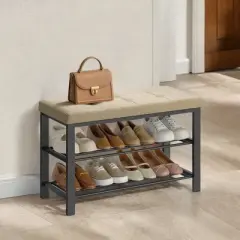 Shoe Bench, Storage Bench, Entryway Bench with Cushion, Shoe Shelf with Seat, Storage Organizer with Foam Padded Seat Linen Metal Frame