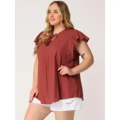 Agnes Orinda Women's Plus Size Flutter Sleeve Drawstring Flowy Summer Split V Neck Tunic Top