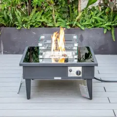 Leisuremod Walbrooke Outdoor Patio Aluminum Square Fire Pit Side Table with Lid and Fire Glass