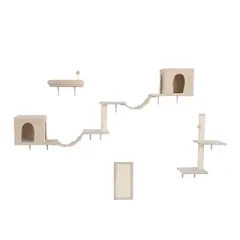 DOMETOUR Wall-mounted Cat Tree with 2 Cat Condos House, 3 Cat Wall Shelves, 2 Ladder, 1 Cat Perch, Sisal Cat Scratching Posts and Pad