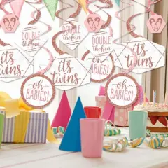 Big Dot of Happiness It's Twin Girls - Pink and Rose Gold Twins Baby Shower Hanging Decor - Party Decoration Swirls - Set of 40