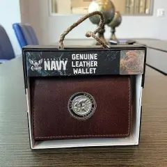 Officially Licensed "US NAVY" Medallion Genuine Leather Classic Handmade Wallet - Trifold Brown