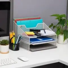 Mind Reader Network Collection 3 Tier 5 Compartment Desktop Organizer Metal Mesh White: Office & Desk Organization Supplies