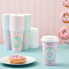 Blue Panda 48 Pack Disposable Coffee Cups With Lids for Donut Grow Up Party Supplies, 16 oz, 4 Pastel Designs