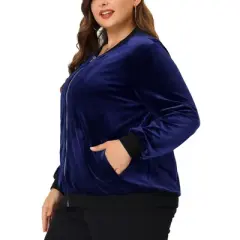 Agnes Orinda Women's Plus Size Velvet Zipper Slant Pocket Long Sleeve Casual Jackets