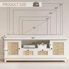 Rattan TV Stand, Modern Entertainment Center for 65/70 Inch TV, White Media Center with 2 Drawers and 2 Cabinets