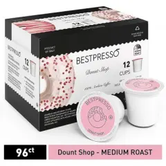Bestpresso Coffee, Donut Shop Medium Roast Single Serve K-Cup Pods, 96 Count (Compatible With 2.0 Keurig Brewers) 8 Packs Of 12 Cups