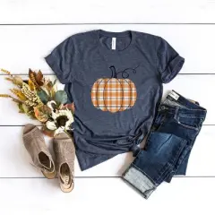 Simply Sage Market Women's Orange Plaid Pumpkin Circle Short Sleeve Graphic Tee