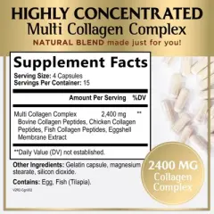Collagen Peptides for Women &ndash; 2400mg Per Serving &ndash; Multi Collagen Capsules with Types I, II, III, V & X &ndash; Hydrolyzed Collagen Supplement - 60 Capsules